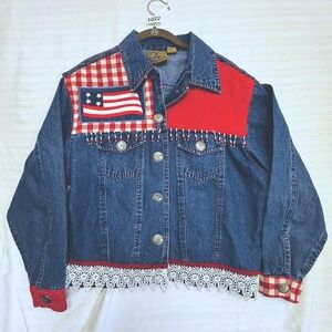 Don't Mess With Texas Denim Jacket‎ L American Flag Patchwork Western Cowboy USA